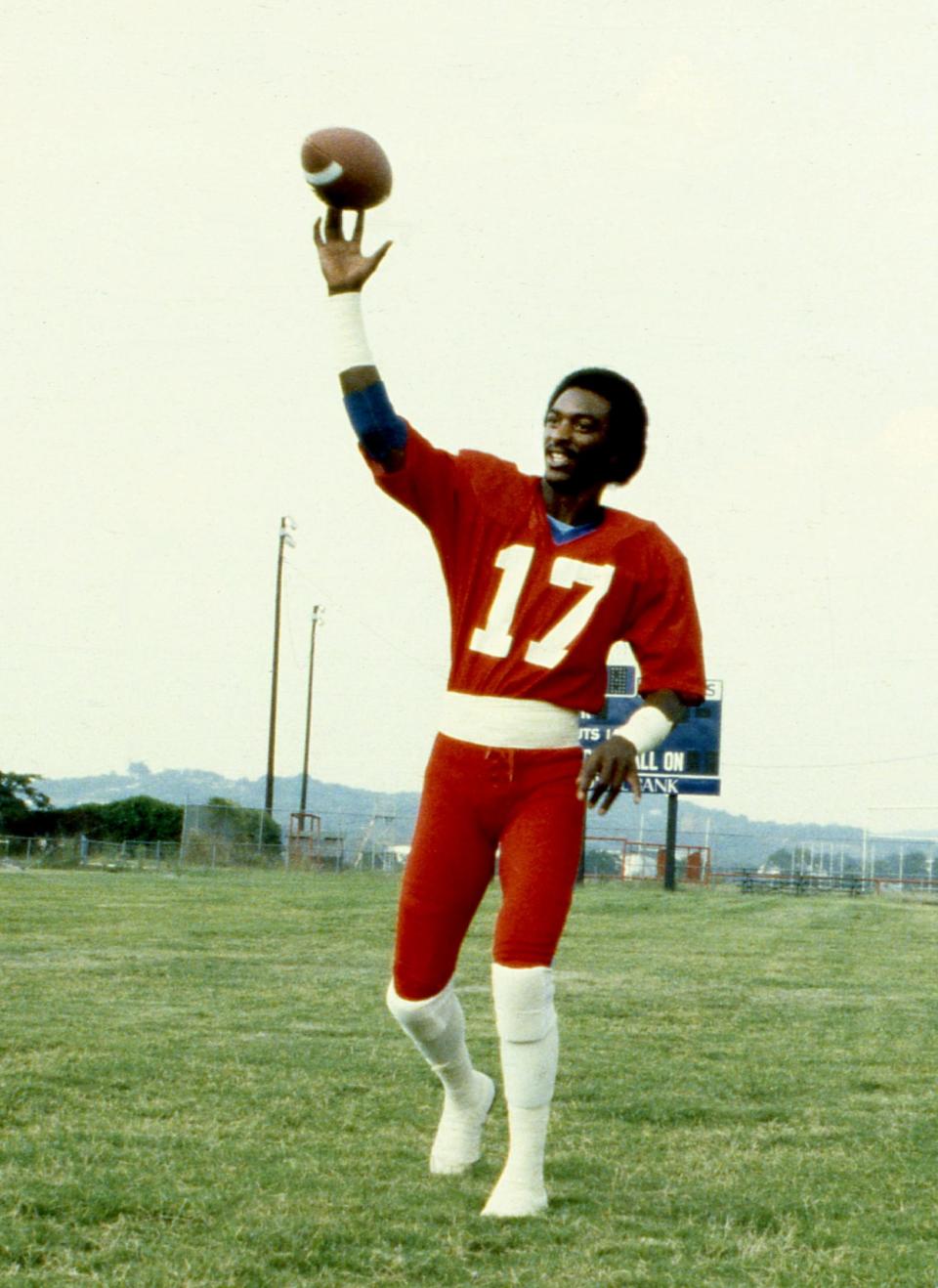 Tennessee State University quarterback Joe "747" Adams (17) shows off his passing form during a photo session at Hale Stadium on campus Sept. 9, 1980. The Tigers will be opening the season against Jackson State University.