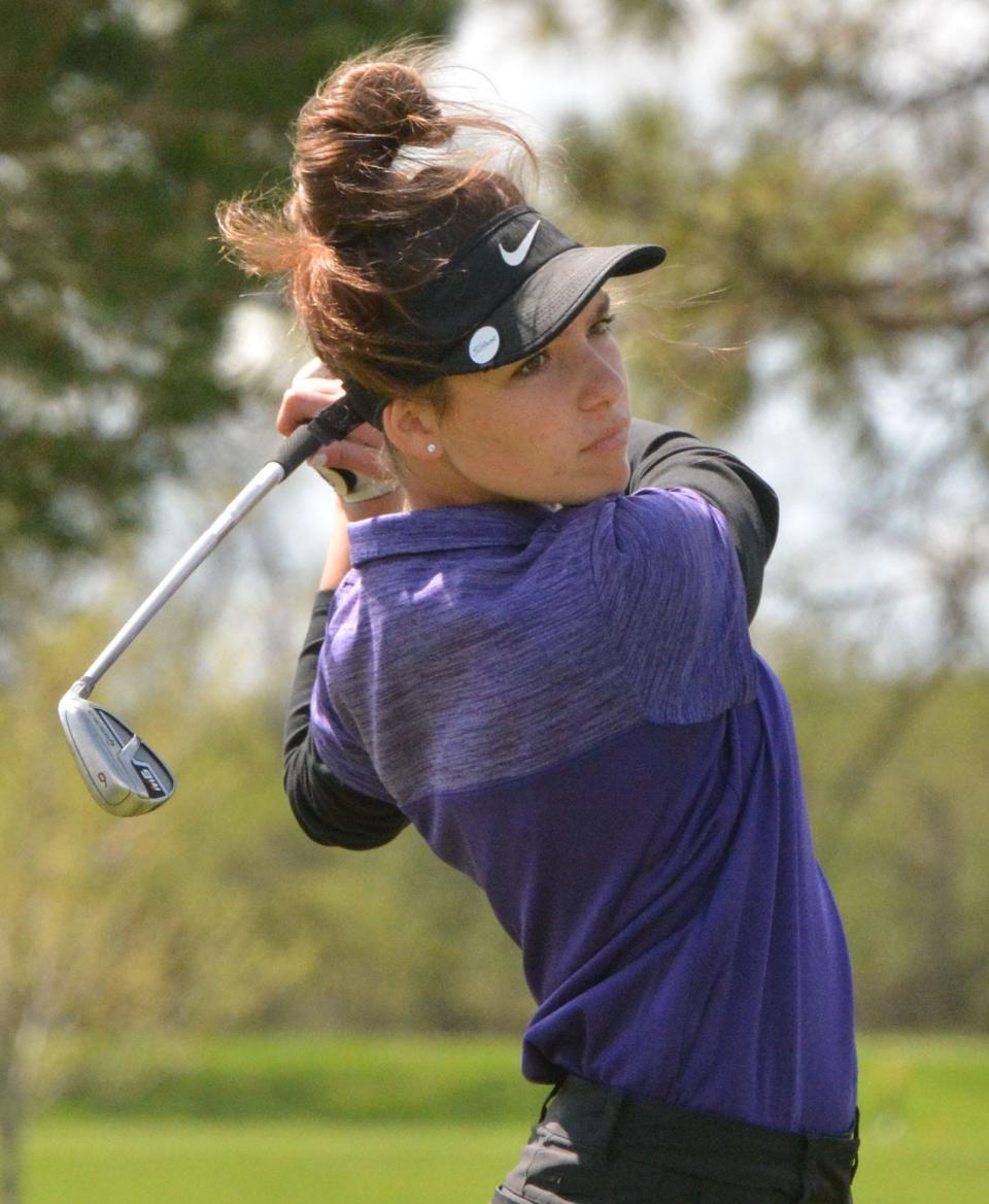 Watertown's Riley Zebroski watches her tee shot on No. 8 Red on Tuesday during the Watertown Girls Golf Invitational at Cattail Crossing Golf Course.