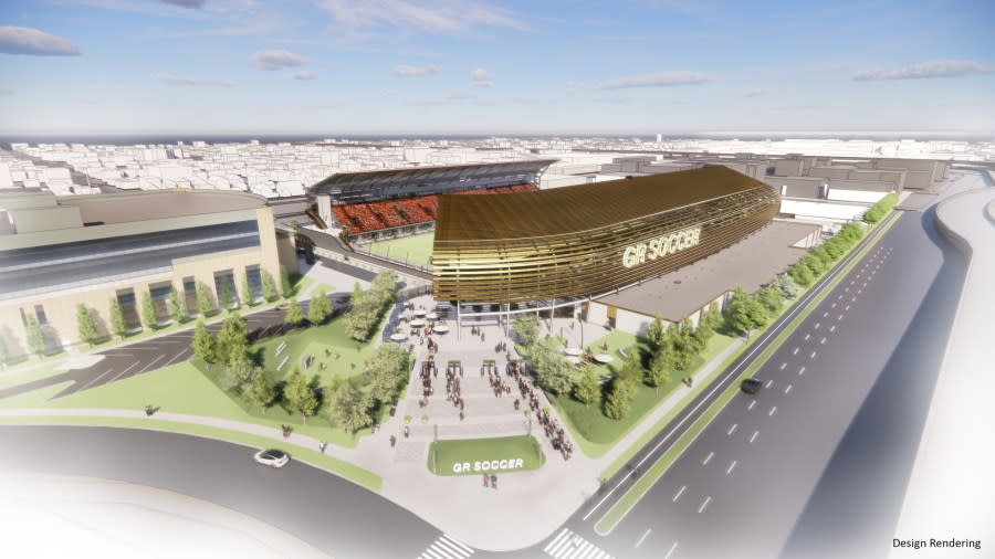 A rendering of a soccer stadium planned for downtown Grand Rapids. (Progressive AE via Grand Action 2.0)