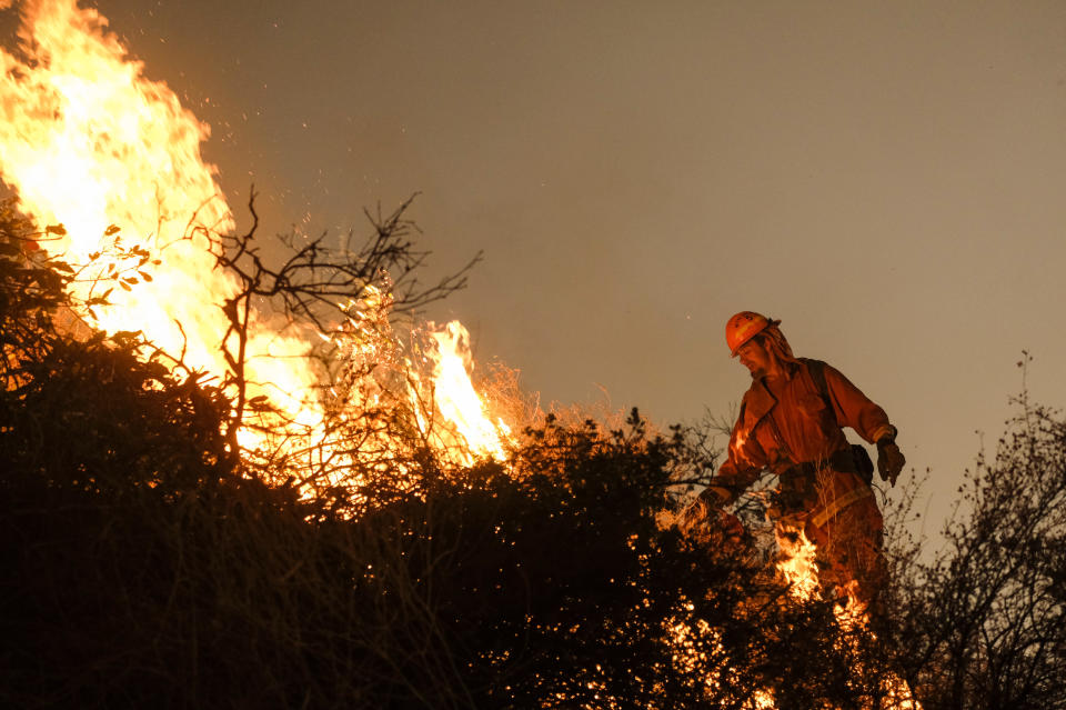 A firefighter sets a backburn to fight the Holy Fire as it burns in the Cleveland National Forest along a hillside at Temescal Valley in Corona, Calif., Thursday, Aug. 9, 2018. Firefighters fought a desperate battle to stop the wildfire from reaching homes as the blaze surged through the forest above the city of Lake Elsinore and its surrounding communities. (AP Photo/Ringo H.W. Chiu)