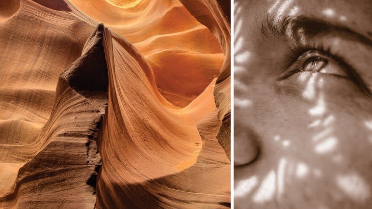 The stunning effects of wind and flood erosion on the we all of Lower Antelope Canyon Page Arizona; woman's eye looking to the light.