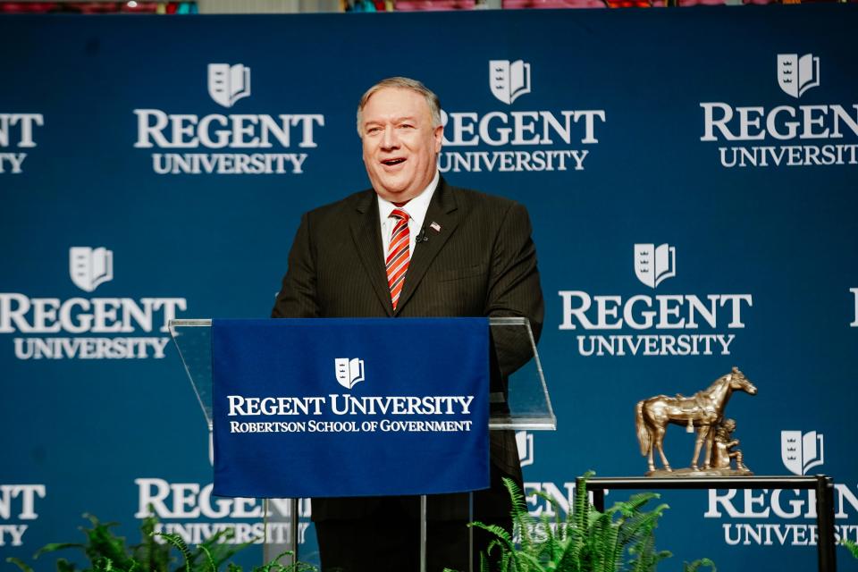 Former Secretary of State Mike Pompeo at Regent University May 8, 2021, in Virginia Beach, Va.