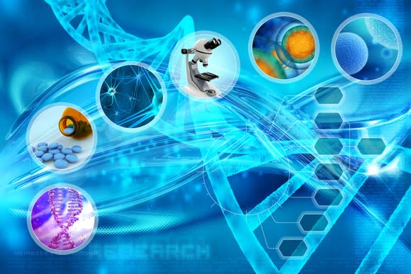 Montage of drug research images on blue background.