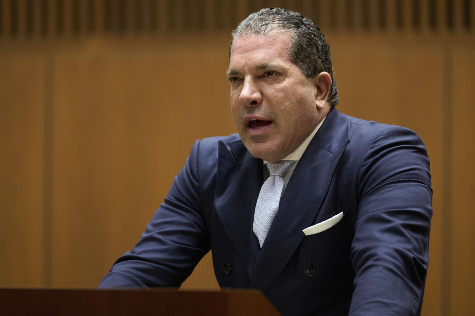 Joe Tacopina, defense attorney for Rakim Mayers, aka A$AP Rocky, questions a witness in the Clara Shortridge Foltz Criminal Justice Center for a preliminary hearing in his assault with a semiautomatic firearm case in Los Angeles, on Monday, Nov. 20, 2023. The charges stem from a November 2021 incident where Rocky allegedly pointed a semi-automatic handgun at Terell Ephron and fired multiple times. (Allison Dinner/EPA via AP, Pool)