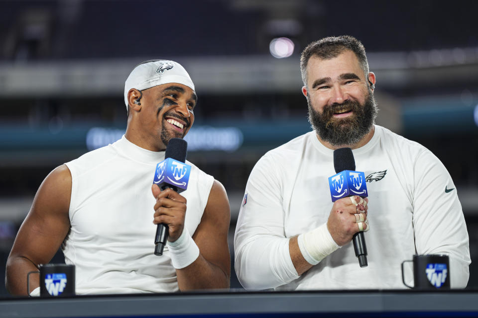 PHILADELPHIA, PA - SEPTEMBER 14: Jalen Hurts and Jason Kelce on set of Amazon Thursday Night Football Postgame Show after the game between the Minnesota Vikings and the Philadelphia Eagles at Lincoln Financial Field on September 14, 2023 in Philadelphia, Pennsylvania. (Photo by Cooper Neill/Getty Images)