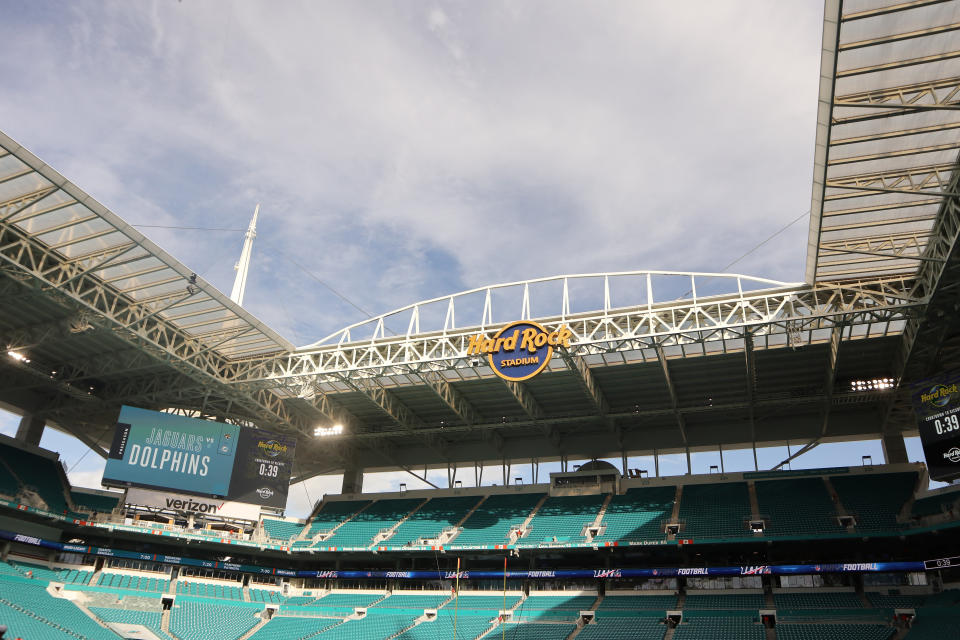 A general overview of Hard Rock Stadium prior to an NFL preseason game between the Jacksonville Jaguars and the Miami Dolphins, Thursday, Aug. 22, 2019, in Miami Gardens, Fla. (Margaret Bowles via AP)