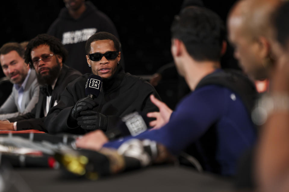 NEW YORK, NEW YORK - APRIL 18: Devin Haney speaks during a press conference at Barclays Center on April 18, 2024 in New York City. (Photo by Cris Esqueda/Golden Boy/Getty Images)