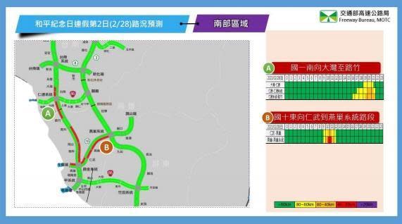 2月28日南部路段南向路況預報圖。（翻攝自高公局官網）