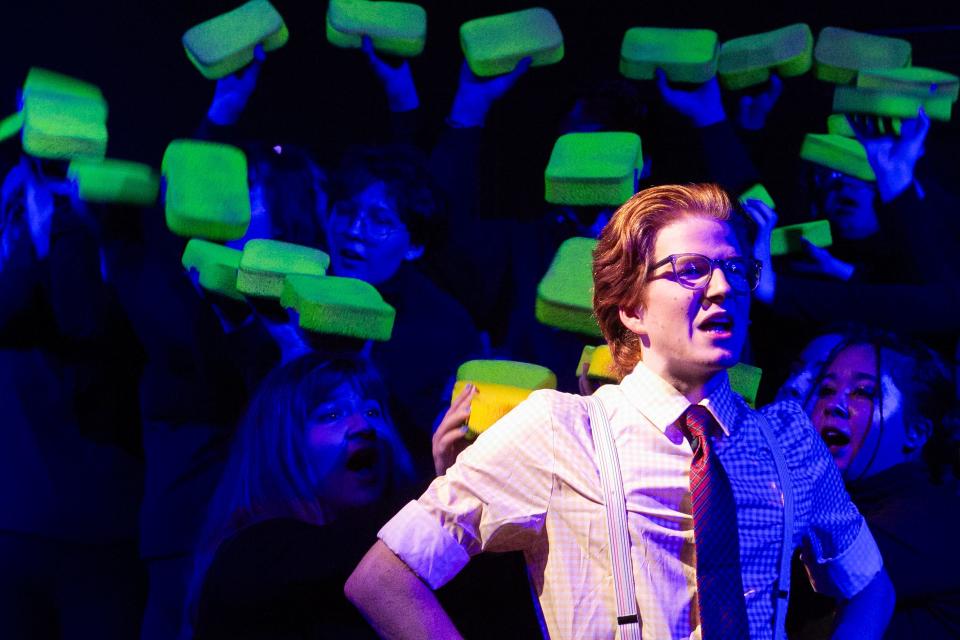 Mason Bowling, who plays SpongeBob SquarePants, performs "(Just a) Simple Sponge" during a dress rehearsal of "The SpongeBob Musical" at Harbor Playhouse Wednesday, Sept. 20, 2023.