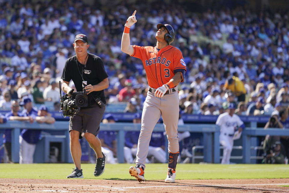 Houston Astros' Jeremy Pena (3) celebrates after hitting a home run during the second inning of a baseball game against the Los Angeles Dodgers in Los Angeles, Sunday, June 25, 2023. (AP Photo/Ashley Landis)