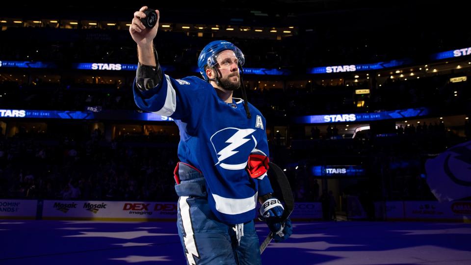 TAMPA, FL - NOVEMBER 18: Nikita Kucherov #86 of the Tampa Bay Lightning celebrates the win against the Edmonton Oilers at Amalie Arena on November 18, 2023 in Tampa, Florida. (Photo by Mark LoMoglio/NHLI via Getty Images)