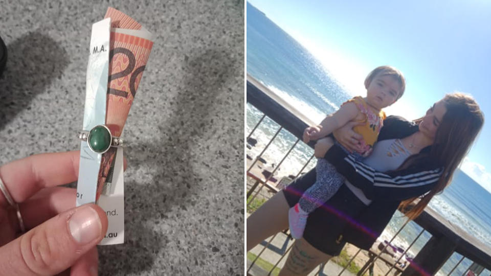 Pictured the $20 wrapped in a ring and a message, and (right) young Brisbane mum Brittany Lee Rickards with her daughter. Source: Facebook / Supplied.