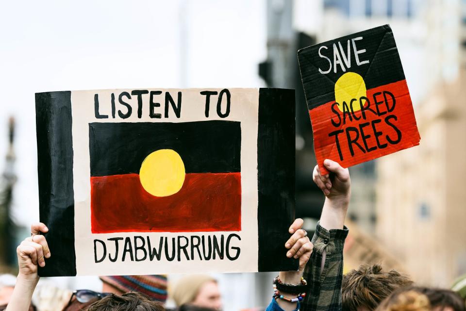 Djab Wurrung protesters hold placards up at Parliament House Canberra in September 2019 (Julian Meehan)