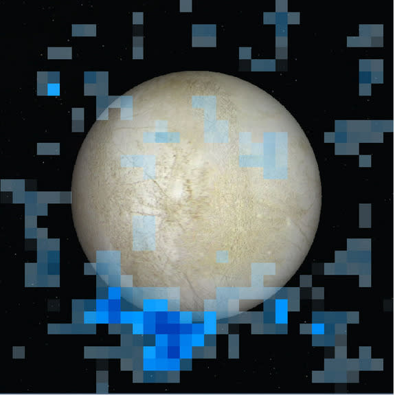 A south polar water vapor plume on Europa is shown in blue in this Hubble Space Telescope data image, which is superimposed on a visible light image of the Jupiter moon's leading hemisphere. Image released Dec. 12, 2013.