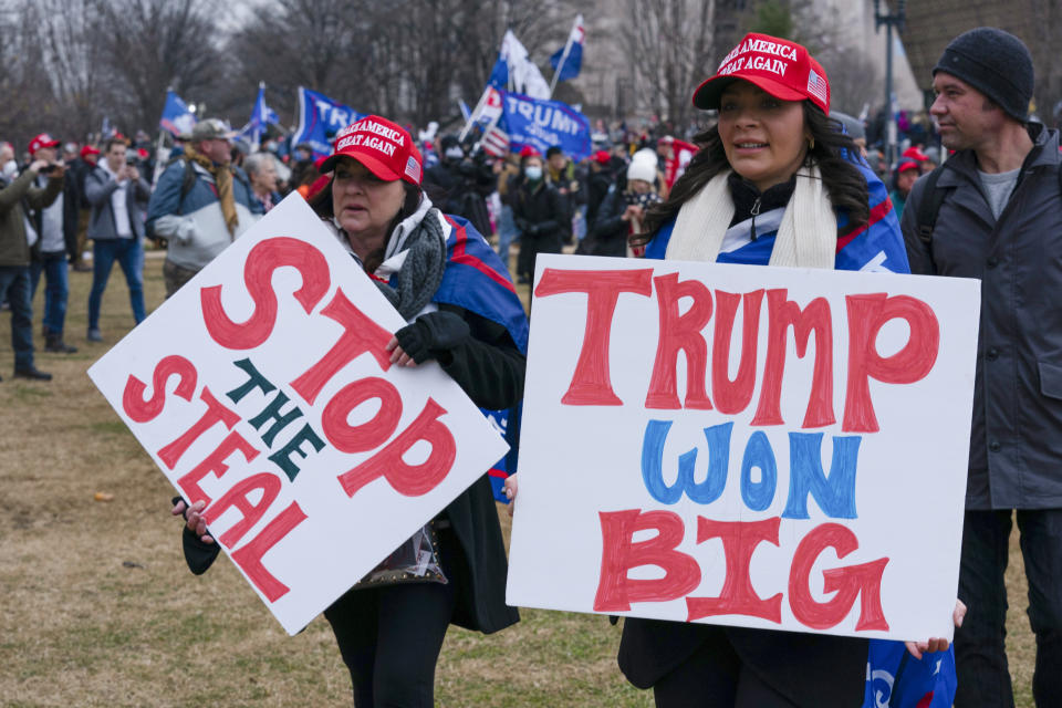 FILE - Supporters of President Donald Trump gather for a rally on Jan. 6, 2021, at the Ellipse near the White House in Washington. Former President Donald Trump said during a debate with President Joe Biden last week that the attack on the Capitol involved a "relatively small" group of people who were "in many cases ushered in by the police."(AP Photo/Jose Luis Magana, File)