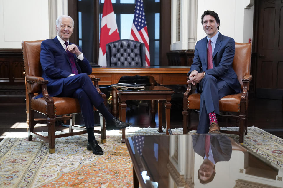 President Joe Biden meets with Canadian Prime Minister Justin Trudeau at Parliament Hill, Friday, March 24, 2023, in Ottawa, Canada. (AP Photo/Andrew Harnik)