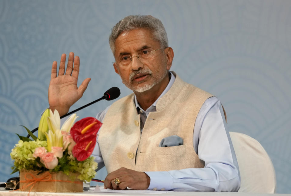 Indian Foreign Minister S. Jaishankar addresses a press conference at the end of the Shanghai Cooperation Organization (SCO) council of foreign ministers' meeting, in Goa, India, Friday, May 5, 2023. (AP Photo/Manish Swarup)
