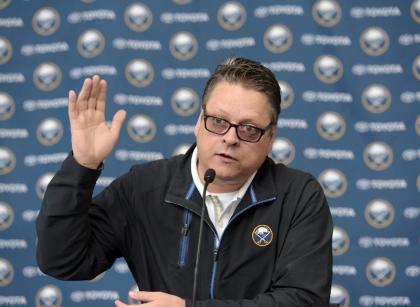 Buffalo Sabres GM Tim Murray talks about NHL free agency during a press conference announcing the signing of Jack Eichel to a three-year, entry level contract with the team at the First Niagara Center Wednesday July 1, 2015, in Buffalo, N.Y. (AP Photo/Gary Wiepert)