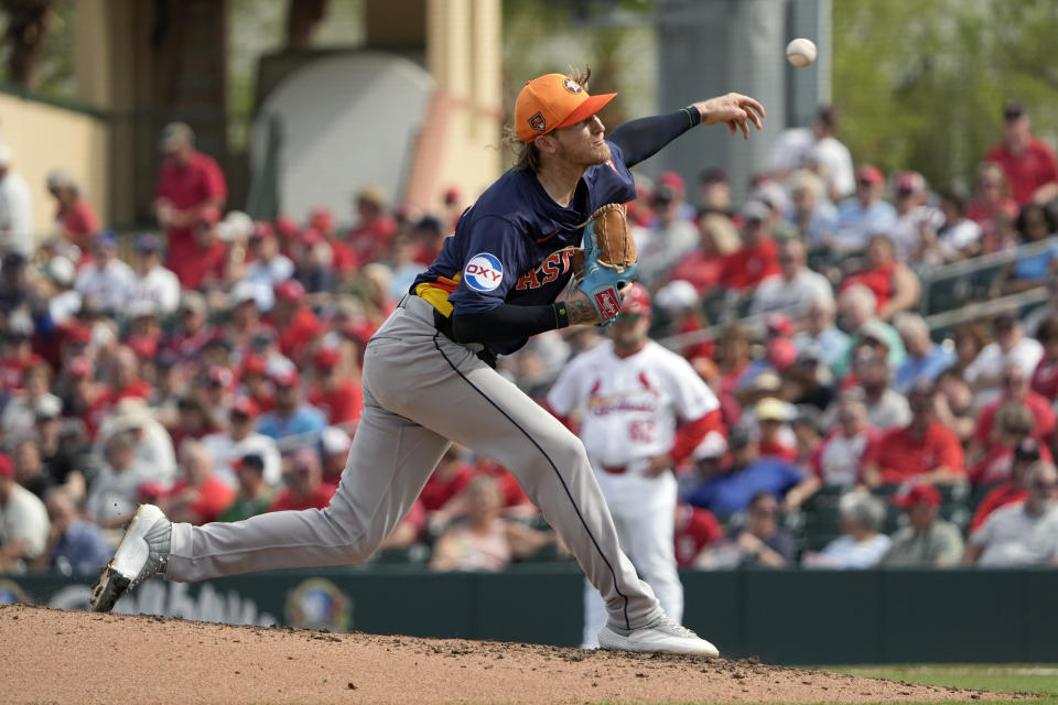 Houston Astros pitcher Josh Hader throws during the fifth inning of a spring training baseball game against the St. Louis Cardinals Thursday, March 7, 2024, in Jupiter, Fla. (AP Photo/Jeff Roberson)