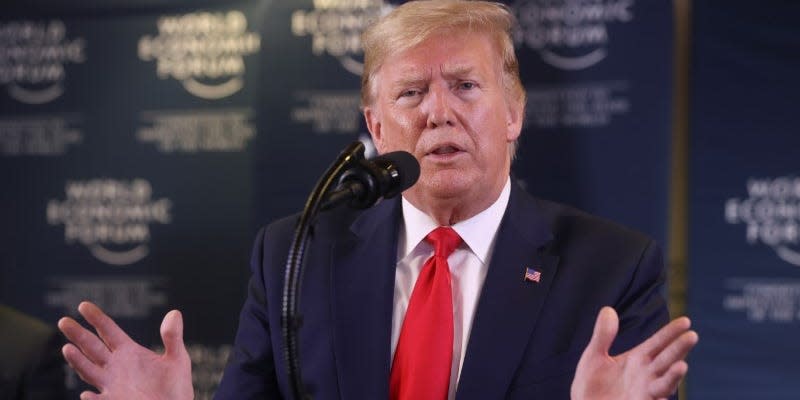 U.S. President Donald Trump gestures as he holds a news conference at the 50th World Economic Forum (WEF) in Davos, Switzerland, January 22, 2020. REUTERS/Jonathan Ernst