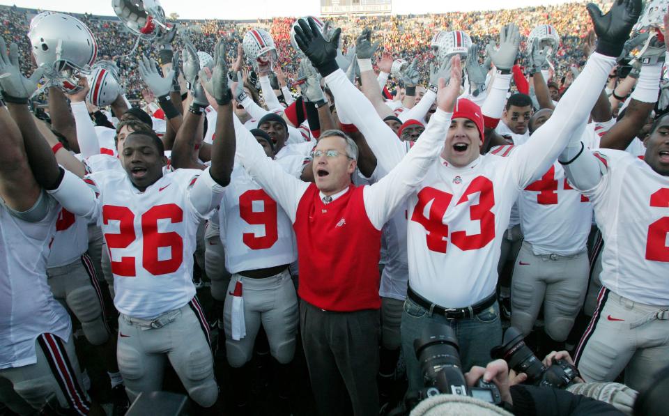 2005-Ohio State 25, Michigan 21
Ohio State coach Jim Tressel celebrates his teams 25-21 win over Michigan at Michigan Stadium on November 19, 2005.