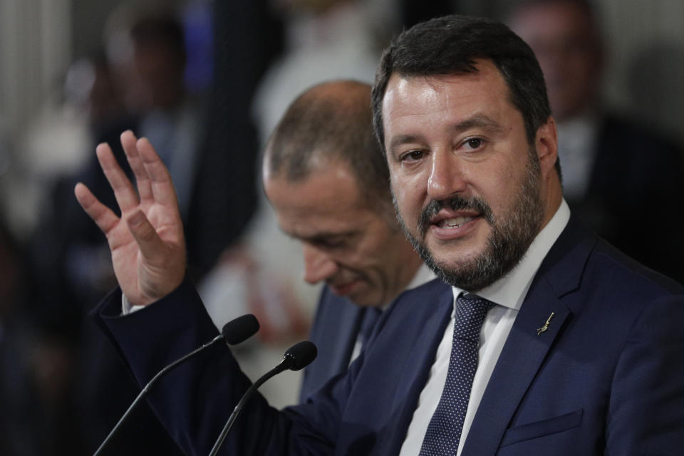 The League party leader Matteo Salvini talks to journalists after meeting with Italian President Sergio Mattarella at Rome's Quirinale presidential palace, Wednesday, Aug. 28, 2019. Mattarella continued receiving political leaders to explore if a solid majority with staying power exists in Parliament for a new government that could win the required confidence vote. (AP Photo/Andrew Medichini)