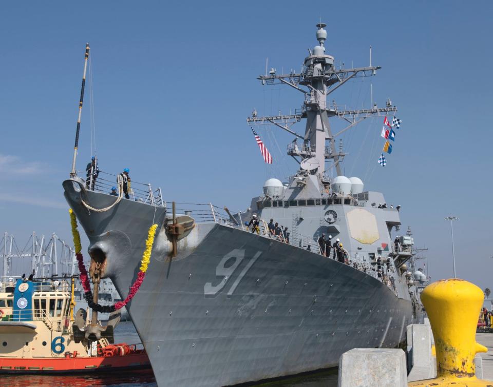 One of the older SEWIP modules that was previously found on the USS <em>Pinckney</em> can be seen here on a platform on the right side of the main superstructure below the bridge wing. <em>USN</em>