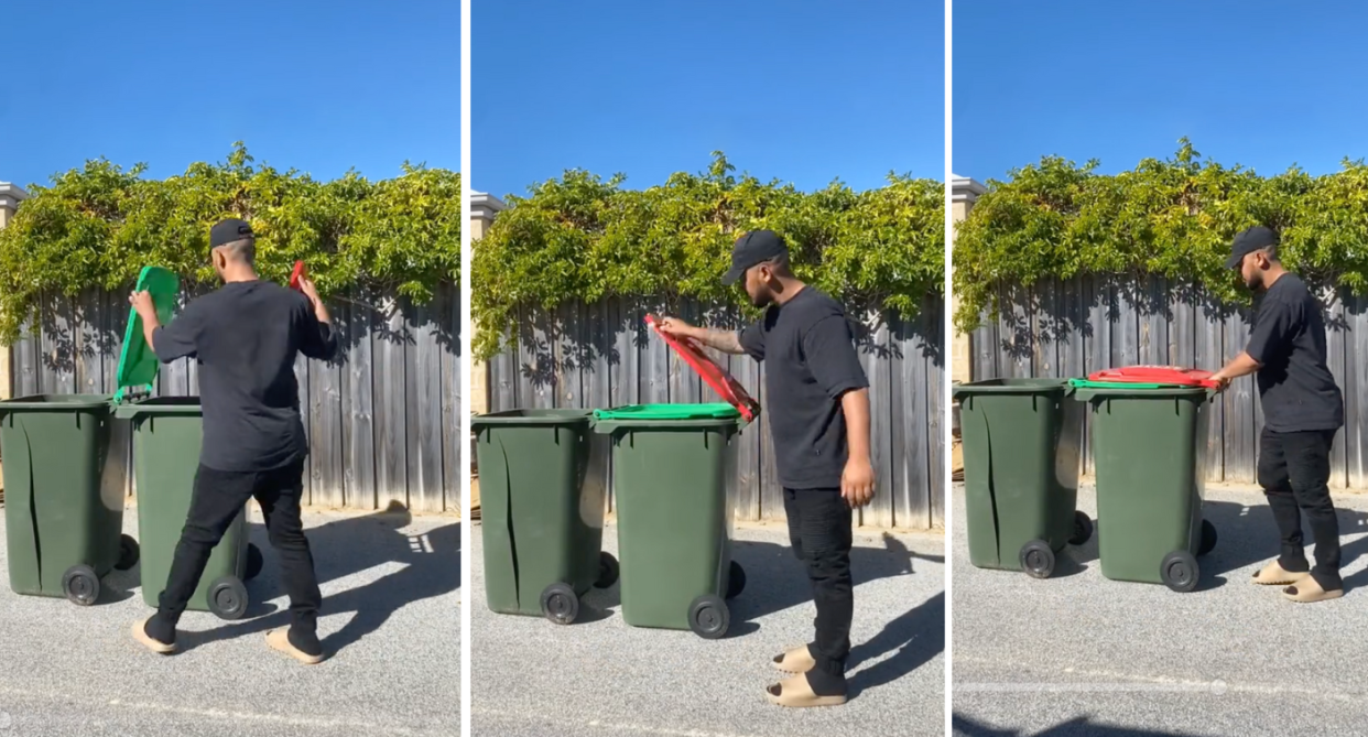 Man demonstrates wheelie bin hack, placing one bid lid inside the other bin, and then closing down the second lid.