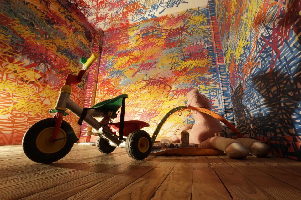 A bedroom painted by Italian street artist JB Rock is seen at the street art project tower "Paris Tour 13" in Paris