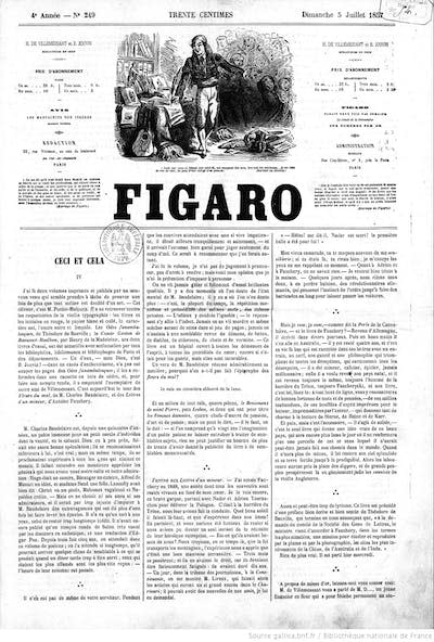 Portada de <em>Le Figaro</em> del 5 de julio de 1857 en el que se hace una crítica de <em>Las flores del mal</em>. <a href="https://gallica.bnf.fr/ark:/12148/bpt6k269590z/f1.image.r=fleur#" rel="nofollow noopener" target="_blank" data-ylk="slk:Gallica / Biblioteca Nacional de Francia;elm:context_link;itc:0;sec:content-canvas" class="link ">Gallica / Biblioteca Nacional de Francia</a>, <a href="http://creativecommons.org/licenses/by/4.0/" rel="nofollow noopener" target="_blank" data-ylk="slk:CC BY;elm:context_link;itc:0;sec:content-canvas" class="link ">CC BY</a>