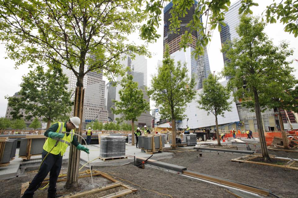 FILE - In this May 13, 2011 file photo, arborist Jeremy DeSimone, left, sprays fertilizer on a swamp white oak at the National September 11 Memorial at the World Trade Center site in New York. The foundation that runs the memorial estimates that once the roughly $700 million project is complete, it will cost $60 million a year to operate. (AP Photo/Mark Lennihan, File)