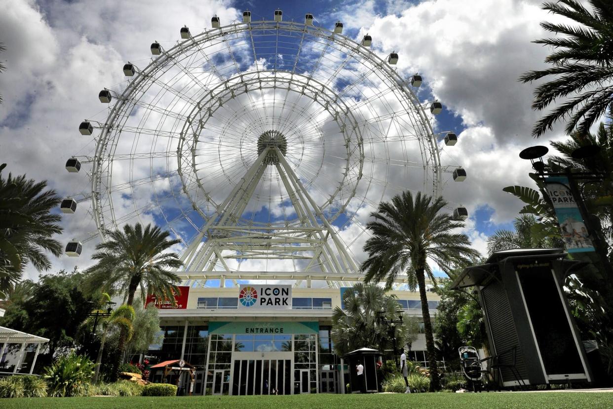 The Wheel at ICON Park is empty on International Drive in Orlando, Fla., Monday, April 6, 2020, after the popular attraction --along with Madame Tussauds Orlando & SEA LIFE Orlando Aquarium closed on March 22 in response to in response to the coronavirus crisis. They will remain temporarily closed until further notice. (Joe Burbank/Orlando Sentinel/Tribune News Service via Getty Images)