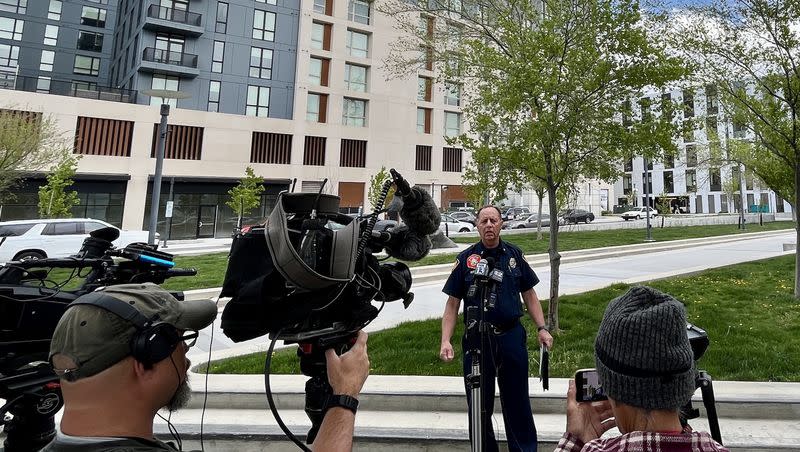 Salt Lake Fire Battalion Chief Dan Walker speaks to members of Utah’s news media outside of the Salt Lake City Public Safety Building on Monday. Walker said there has been an uptick in fires involving vacant buildings over the past two weeks.