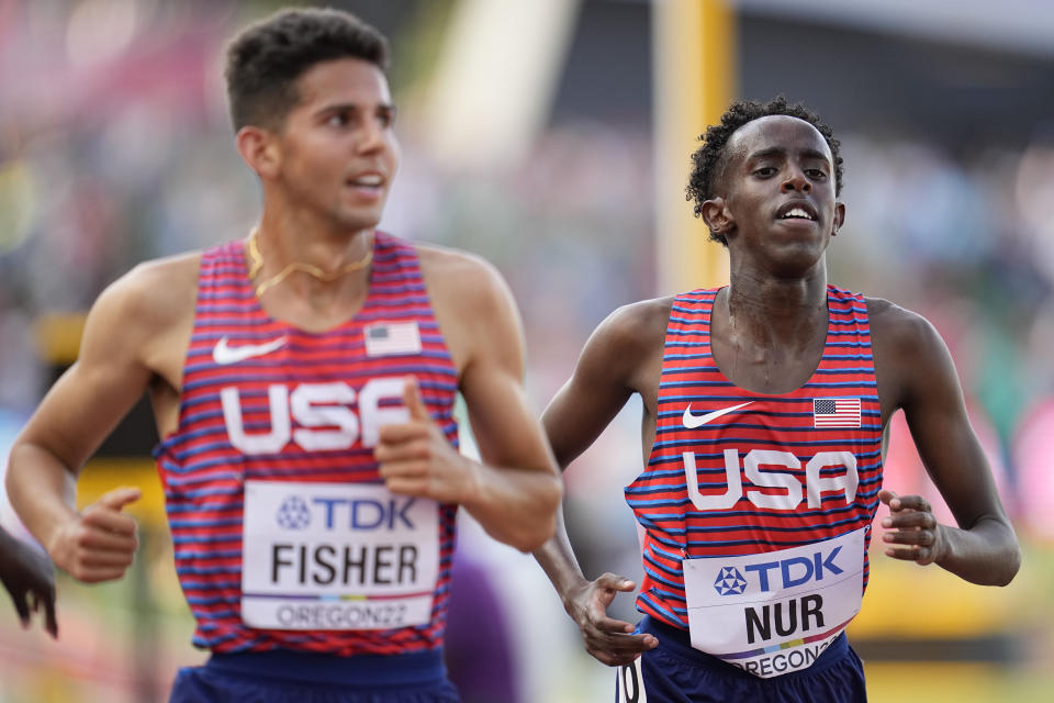 FILE - Abdihamid Nur, of the United States, competes during a heat in the men's 5000-meter run at the World Athletics Championships on Thursday, July 21, 2022, in Eugene, Ore. It's been a winding and sometimes painful road that led distance runner Abdihamid Nur to the track. A road that began in Mogadishu, Somalia, where his family fled amid the country's civil war, for Kenya. (AP Photo/Ashley Landis, File)