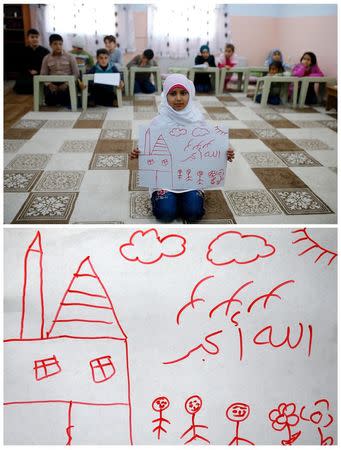 A combination picture shows Syrian refugee Islem Halife, 11, as she shows a drawing of her home in Syria, as she sits in a classroom in Nizip refugee camp in Gaziantep province, Turkey, December 13, 2015 (top) and her drawing (bottom) December 16, 2015. The writing in Arabic in the drawing reads, "God is great." REUTERS/Umit Bektas