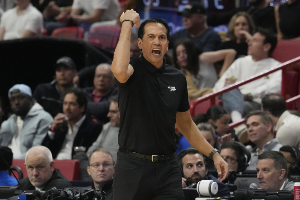 Miami Heat head coach Erik Spoelstra gestures during the first half of an NBA basketball game against the Sacramento Kings, Wednesday, Jan. 31, 2024, in Miami. (AP Photo/Marta Lavandier)