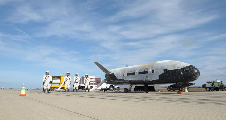 The U.S. Air Force's X-37B space plane fleet has begun its fifth secret flight with the launch of the OTV-5 mission on Sept. 7, 2017. <cite>U.S. Air Force</cite>