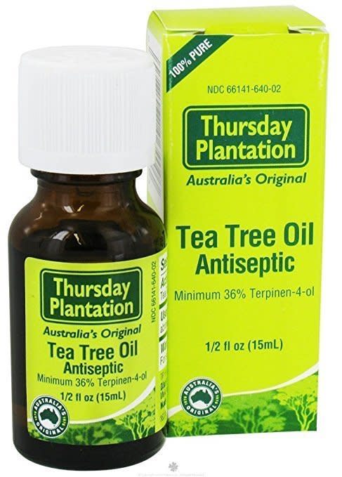 Tea tree oil has become&nbsp;a savior&nbsp;in our beauty and skin care routines. It works great as a spot treatment for annoying pimples, it can be used to create a natural toner and some people even <a href="http://www.naturallivingideas.com/tea-tree-oil-for-skin/" target="_blank">use a few drops in the bath</a>&nbsp;to combat body acne and eczema.&nbsp;<br /><br /><strong><a href="https://thursdayplantationretail.com/product/100-pure-tea-tree-oil-50ml/" target="_blank">Thursday Plantation tea tree oil</a>, $15.99</strong>