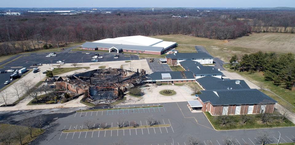 The shell of the Fountain of Life Church on Columbus Road in Florence is shown Tuesday, March 31, 2023, after it was gutted by a fire the previous evening.