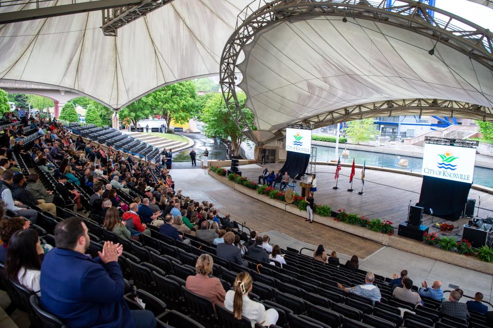 Knoxville Mayor Indya Kincannon delivers her speech under the Tennessee Amphitheater roof she'd like the city to replace.