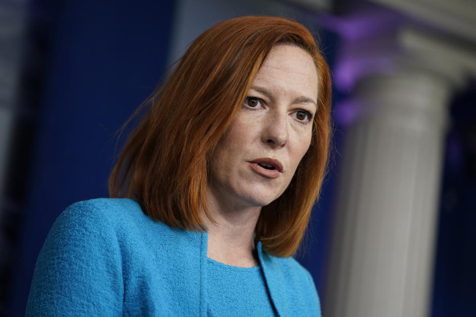 White House press secretary Jen Psaki speaks during a press briefing at the White House, Monday, March 22, 2021, in Washington. (AP Photo/Evan Vucci)