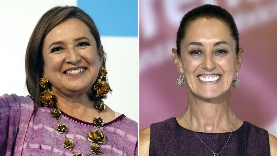 FILE – This combination of two file photos shows Xochitl Galvez, left, arriving to register her name as a presidential candidate on July 4, 2023, in Mexico City, and Claudia Sheinbaum, right, at an event that presented her as her party’s presidential nominee on Sept. 6, 2023, in Mexico City. The two women, considered the frontrunners in Mexico’s presidential election, discussed social spending and climate change in the race’s second debate Sunday, April 28, 2024, which also included Jorge Álvarez Máynez. (AP Photo/Fernando Llano, File)