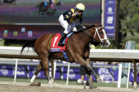 Joel Rosario rides Covfefe to Victory in the Breeders' Cup Filly and Mare Sprint horse race at Santa Anita Park, Saturday, Nov. 2, 2019, in Arcadia, Calif. (AP Photo/Gregory Bull)