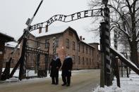 Survivors revisit the Auschwitz death camp in 2015, where over a million prisoners were killed during World War II