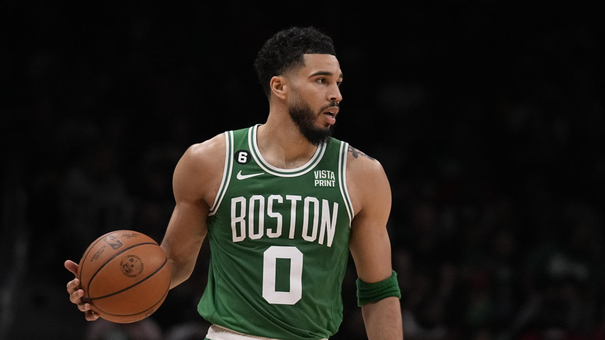Boston Celtics forward Jayson Tatum (0) during the second half of Game 3 of a first-round NBA basketball playoff series, Friday, April 21, 2023, in Atlanta. (AP Photo/Brynn Anderson)