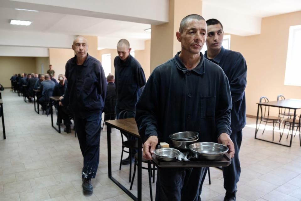 Russian prisoners of war eat in a prison canteen on Aug. 3, 2022 in western Ukraine. (Vitalii Nosach/Global Images Ukraine via Getty Images)