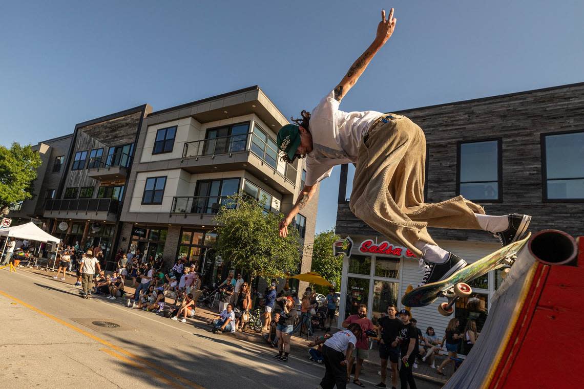 Josh Bruda performs a skate trick on a ramp in the skate jam area of Open Streets on Magnolia Avenue in Fort Worth on Saturday. Chris Torres/ctorres@star-telegram.com