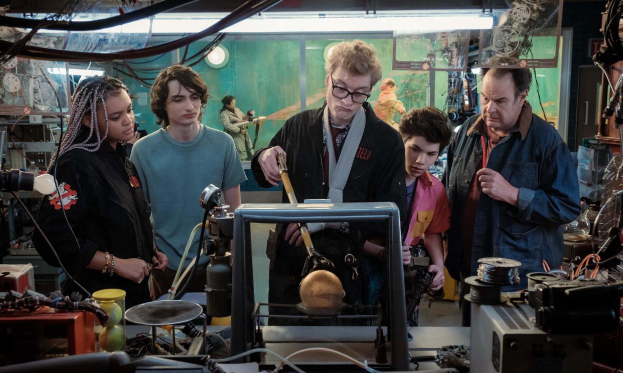 <span>‘Not unenjoyable’: Celeste O’Connor, Finn Wolfhard, James Acaster, Logan Kim and Dan Aykroyd in Ghostbusters: Frozen Empire.</span><span>Photograph: Sony Pictures</span>