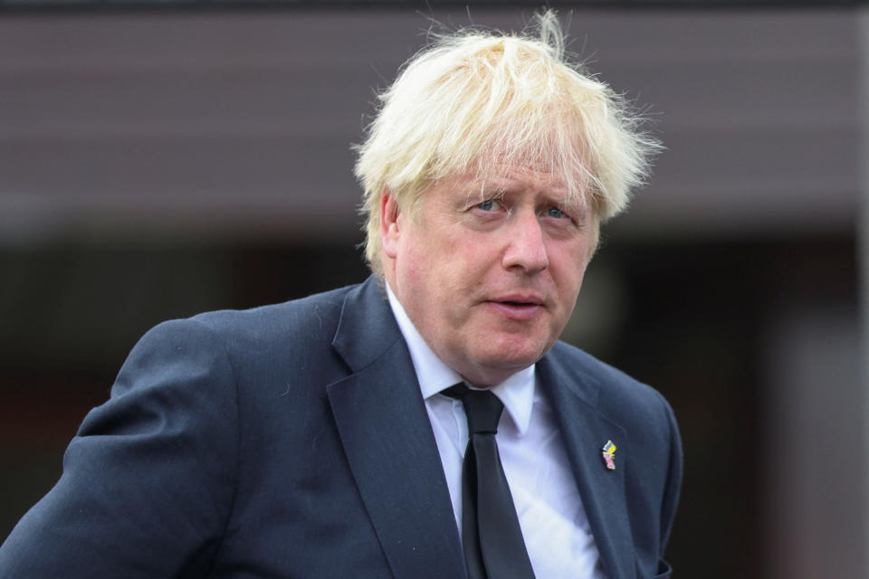 British Prime Minister Boris Johnson attends the funeral of Northern Ireland's former First Minister David Trimble, one of the key peace brokers of the Good Friday Agreement, at Harmony Hill Presbyterian Church, in Lisburn, Northern Ireland, August 1, 2022. REUTERS/Johanna Geron