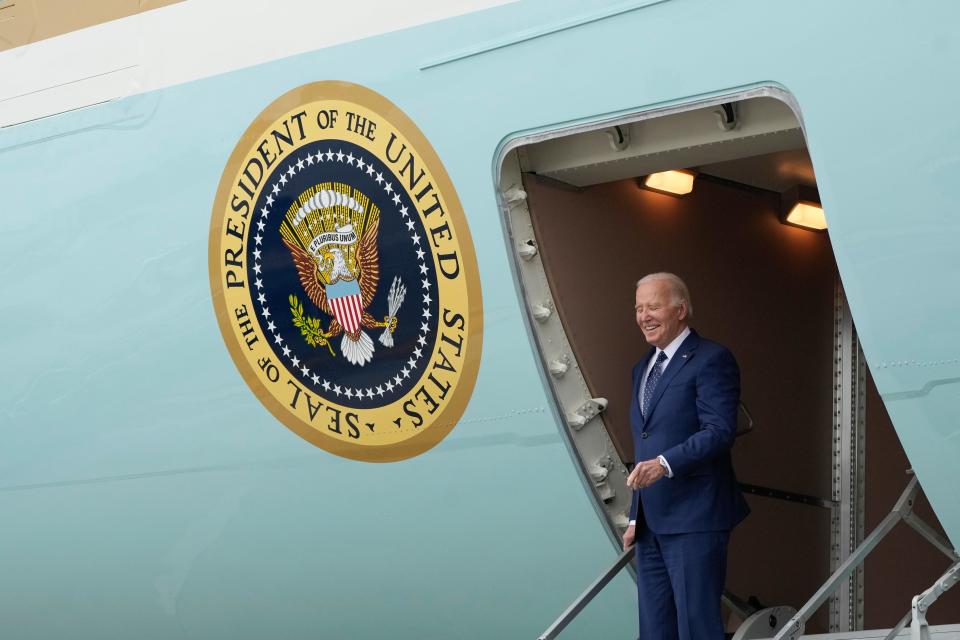 President Joe Biden arrives at Los Angeles International Airport, Tuesday, 20 February 2024, in Los Angeles (AP)